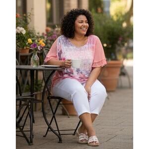 Rebecca Malone Women 2x Pink/ Purple Floral Sheer Flutter Sleeve Comfort Top